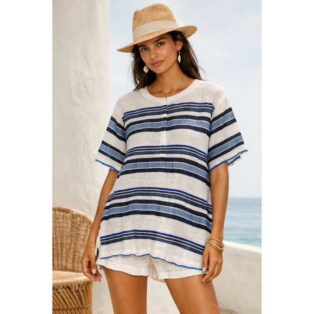Lemlem Striped Cotton Gauze Blouse Size XL Blue White Resort Tunic Swim Coverup